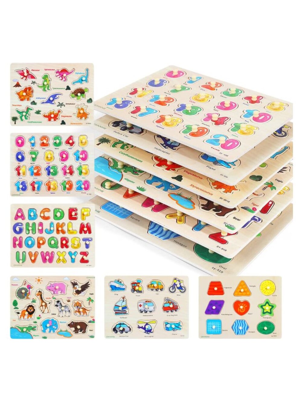 Wooden Peg Puzzle Set 6 Pack Toddler Educational Preschool Learning Toy